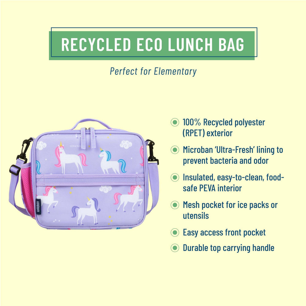 A pastel purple recycled eco lunch bag with a unicorn print, shown on a pale yellow background with marketing text and feature callouts.