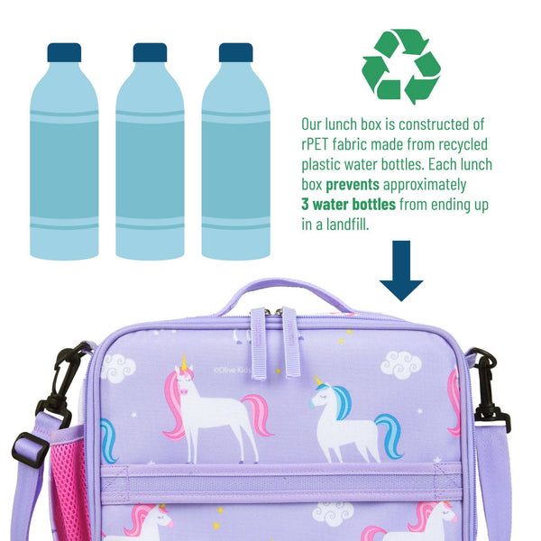 A pastel purple lunch box with unicorn prints, shown on a white background with informational text and illustrations about recycled water bottles. The text states the lunch box is made from recycled plastic water bottles and prevents approximately 3 water bottles from ending up in a landfill.