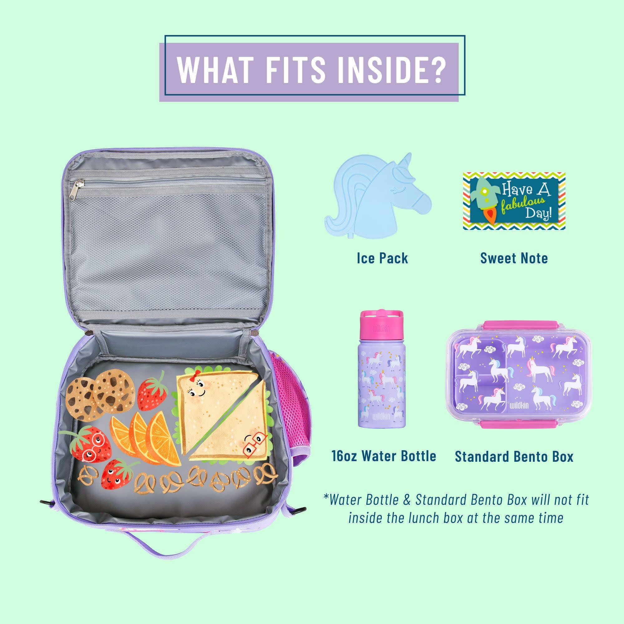 A lunch box capacity infographic on a pale mint background. The open lavender and pink lunch bag contains toy food items, with callouts reading 'What fits inside?' and showing an ice pack, sweet note, 16oz water bottle, and standard bento box.