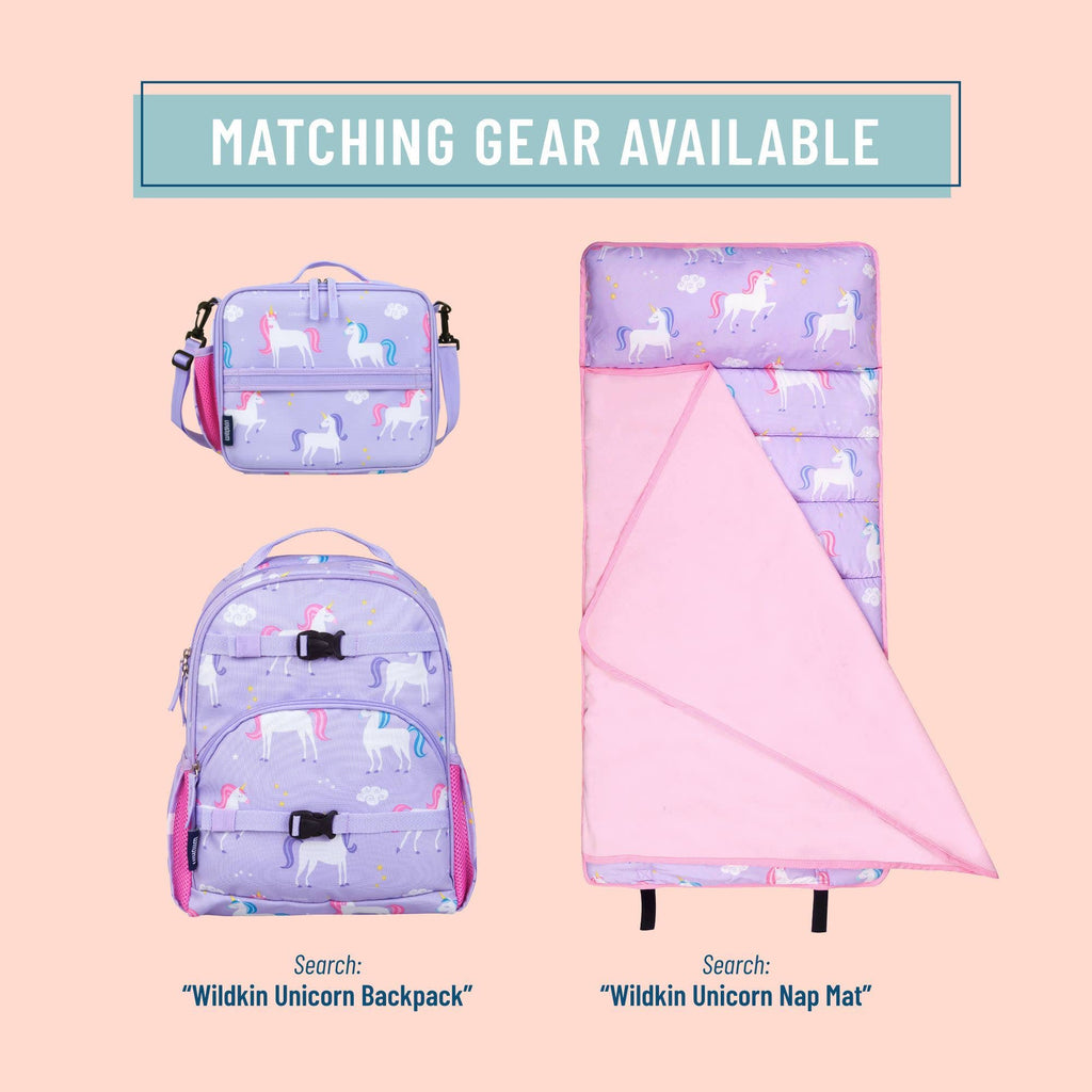 Matching school gear set featuring a lavender unicorn backpack and a matching sleeping pad with a pink interior, displayed on a peach background with the text 'MATCHING GEAR AVAILABLE' and product titles.