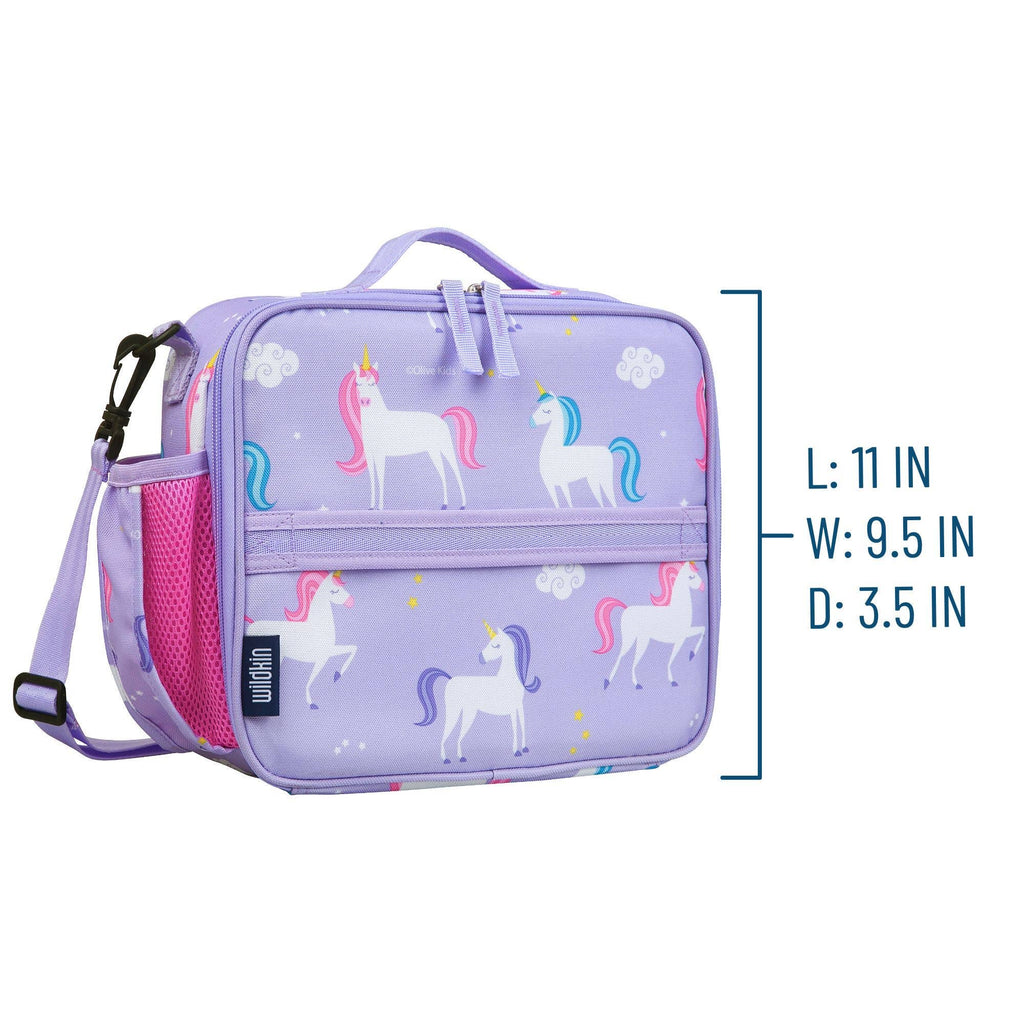 A lavender purple lunch bag with a unicorn pattern, shown with a pink mesh side pocket and a black carabiner. Blue text on the right lists the dimensions: L: 11 IN, W: 9.