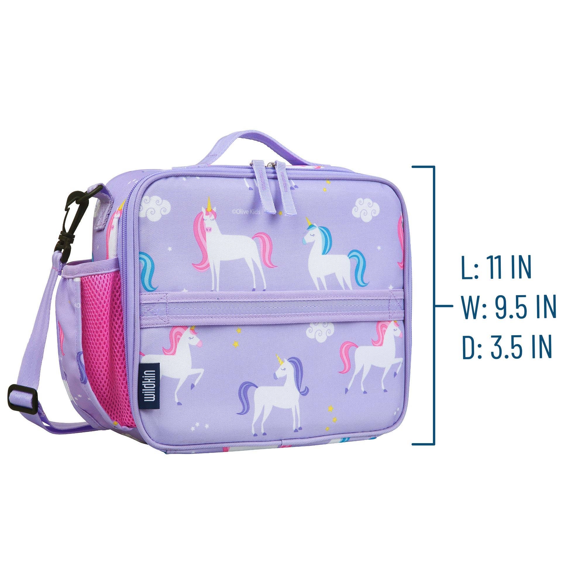 A lavender purple lunch bag with a unicorn pattern, shown with a pink mesh side pocket and a black carabiner. Blue text on the right lists the dimensions: L: 11 IN, W: 9.