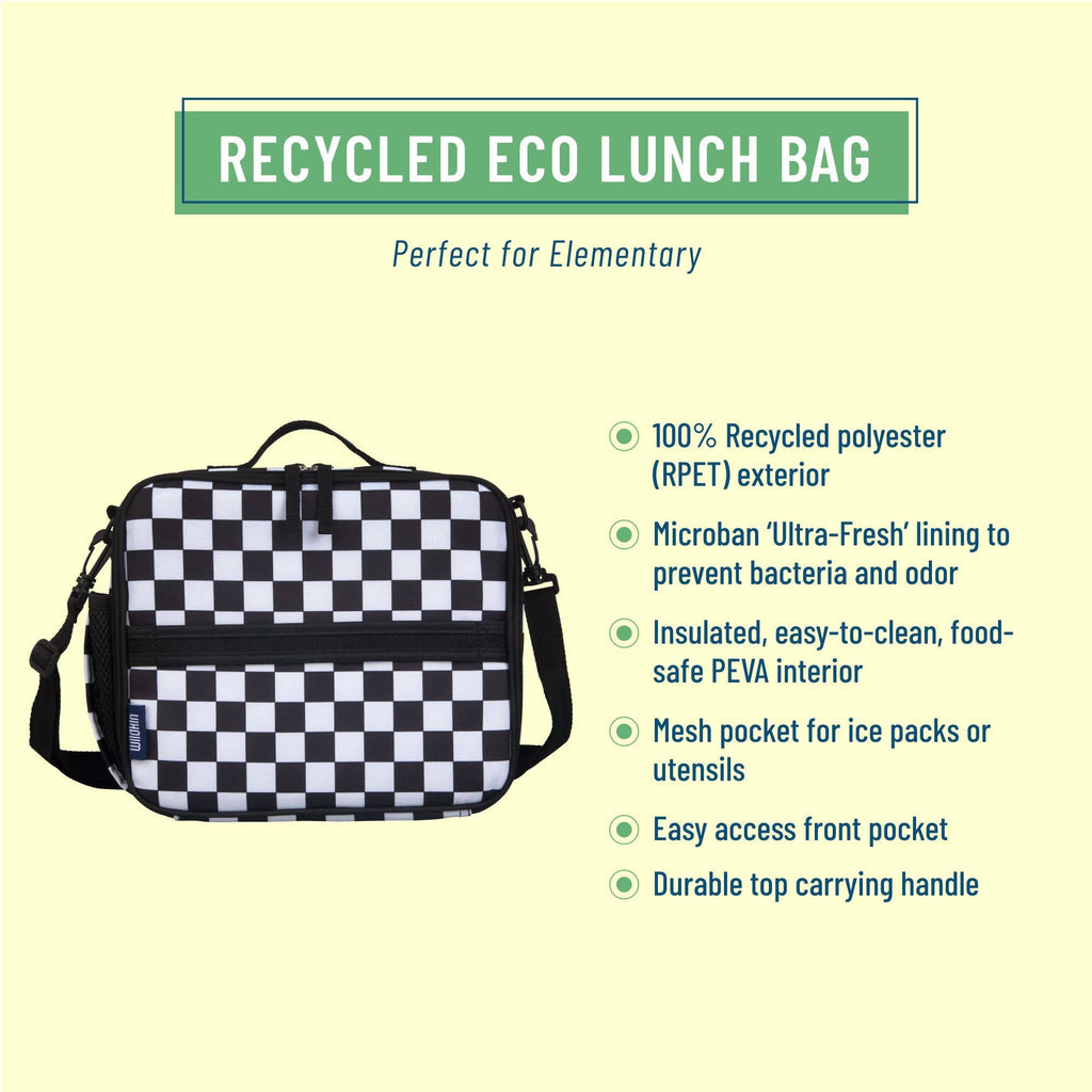 Recycled eco lunch bag with checkered pattern on a light yellow background