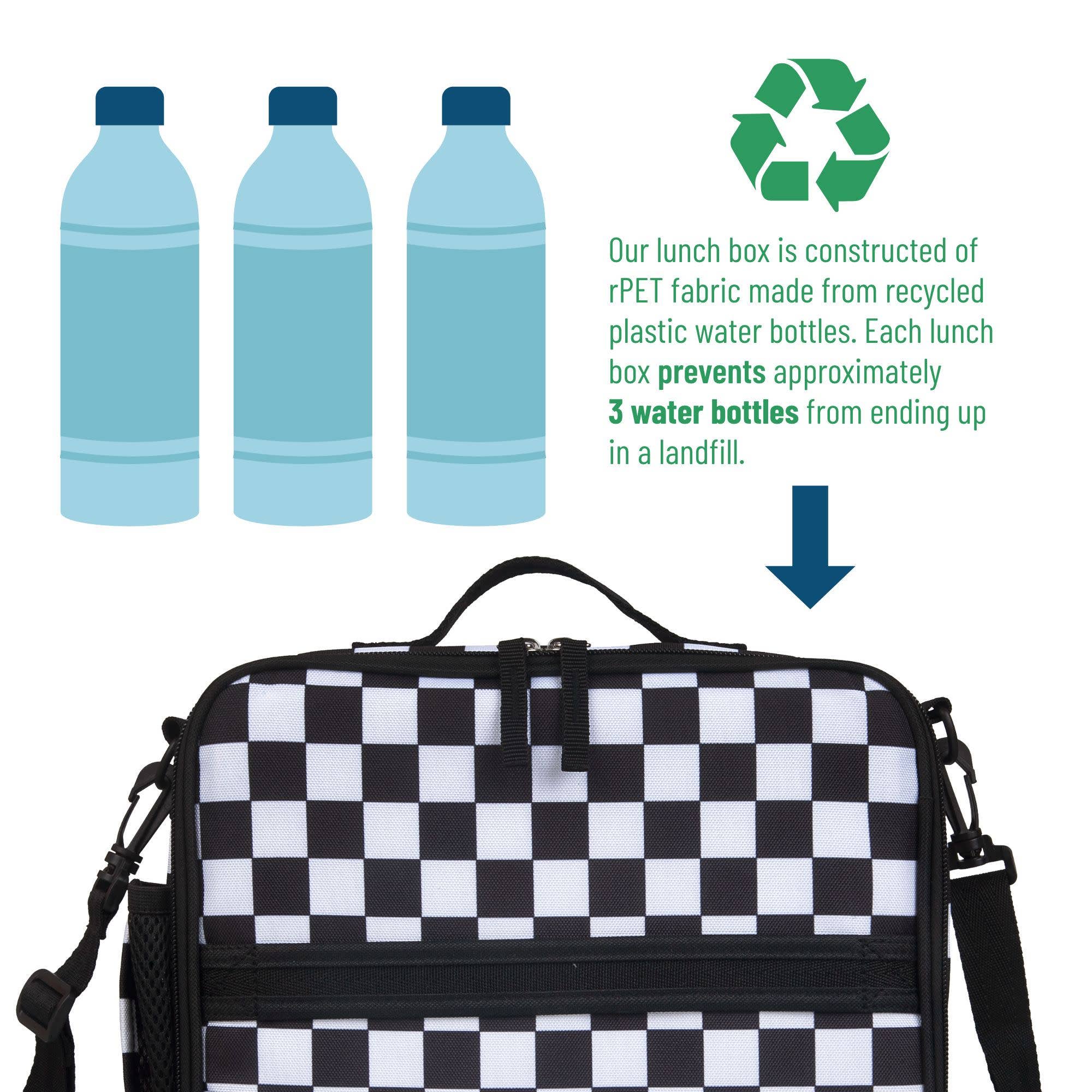 Lunch box made from recycled rPET fabric with illustrations of water bottles and a recycling symbol.