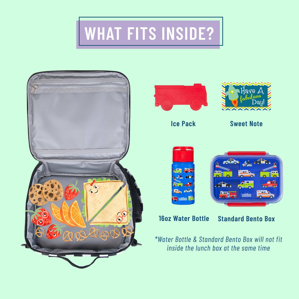 Lunch box with compartments and items that fit inside on a light green background