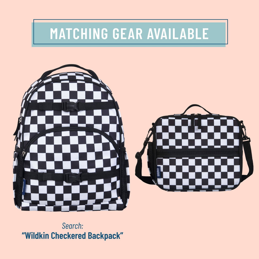 Black and white checkered backpack and duffel bag on a pink background with text about matching gear.