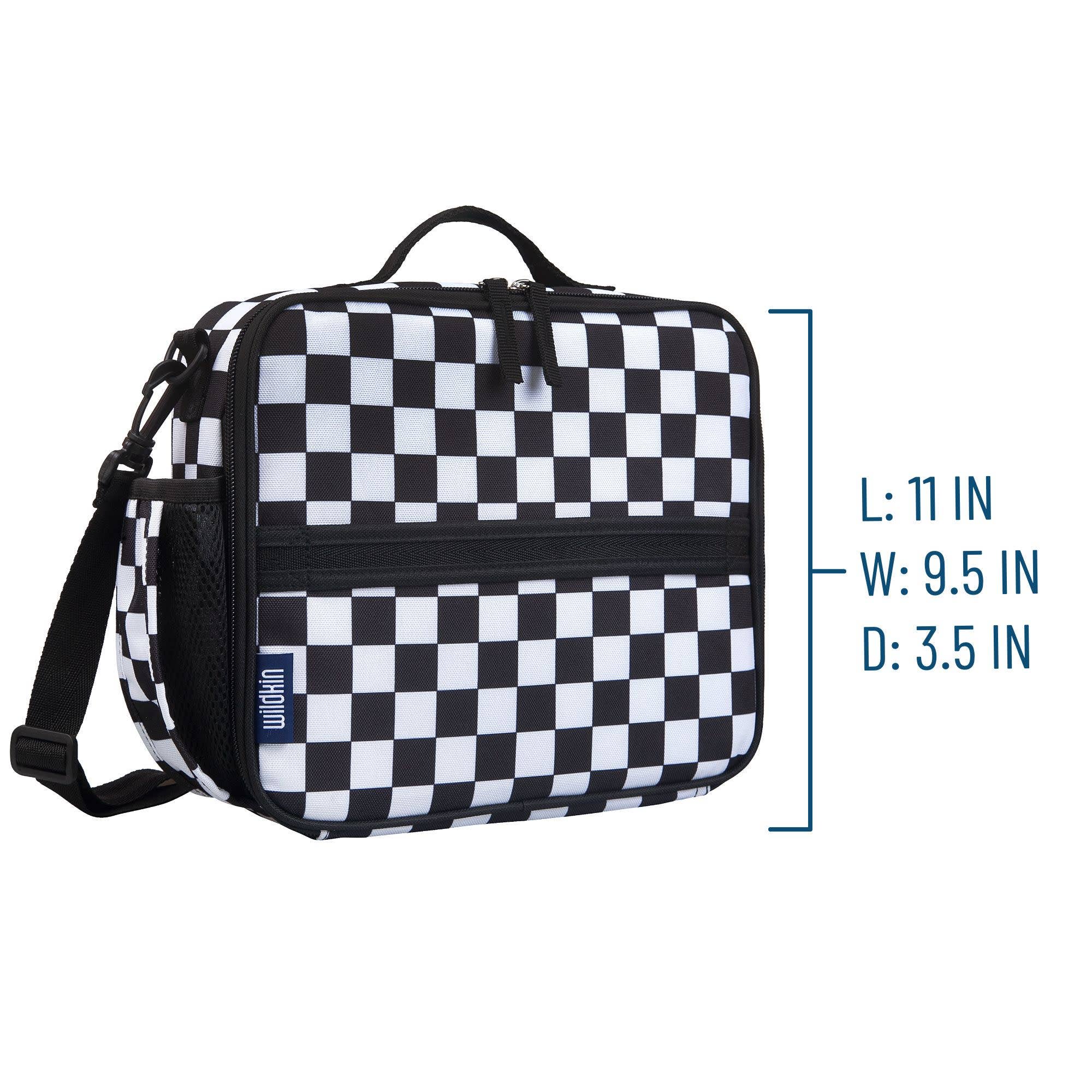 Black and white checkered bag with dimensions on a white background