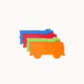 Four fire trucks ice packs in orange, green, red, and blue, arranged in a staggered row on a plain off-white background.