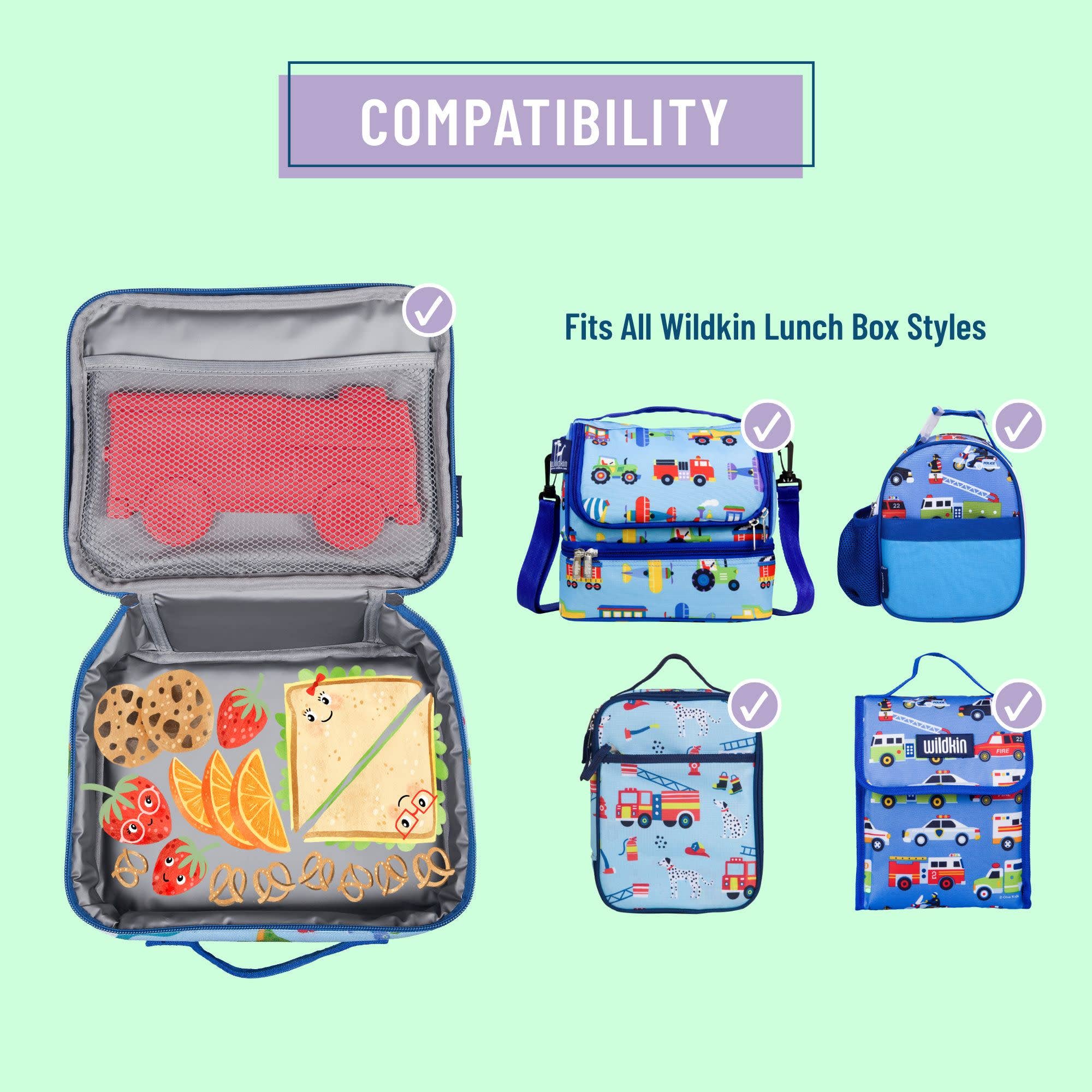 Compatibility graphic showing a blue lunch bag set with a matching lunch box organizer, alongside four smaller blue lunch box styles with vehicle prints. Text reads 'COMPATIBILITY' and 'Fits All Wildkin Lunch Box Styles,' with check marks over each item.