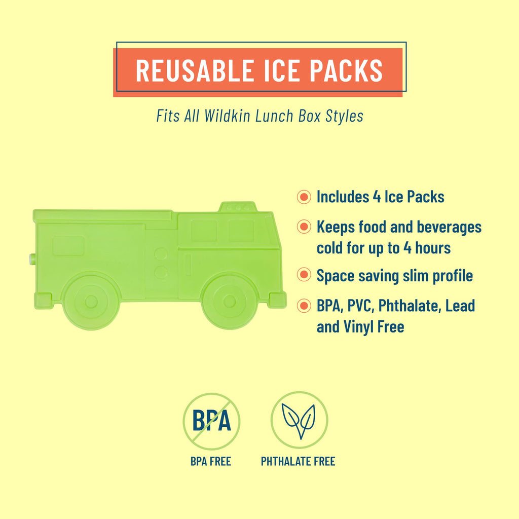 A product information graphic for reusable ice packs. The image features a light green illustration of an ice pack container on a pale yellow background, with text stating 'REUSABLE ICE PACKS' and listing features such as 'Fits All Wildkin Lunch Box Styles', 'Includes 4 Ice Packs', and 'Space saving slim profile'.