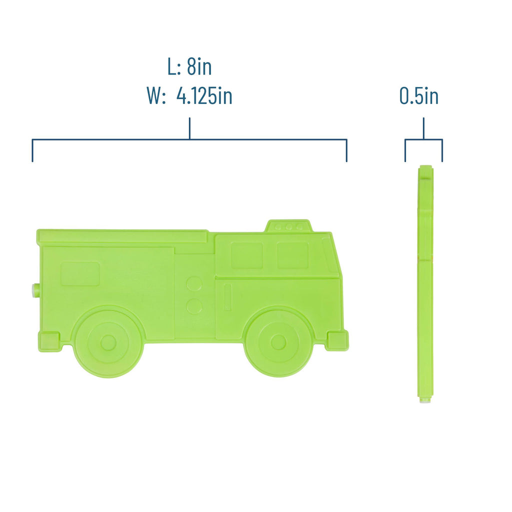 A lime green toy fire truck shown on a white background with dimension annotations indicating a length of 8 inches, width of 4.125 inches, and height of 0.