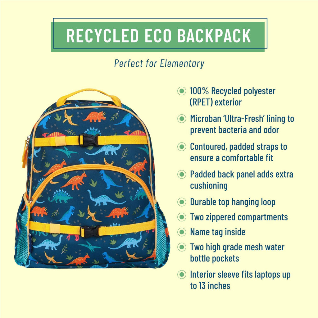 A blue dinosaur-print backpack with yellow straps and accents, shown on a pale yellow background with text highlighting recycled eco-friendly features and bullet points.