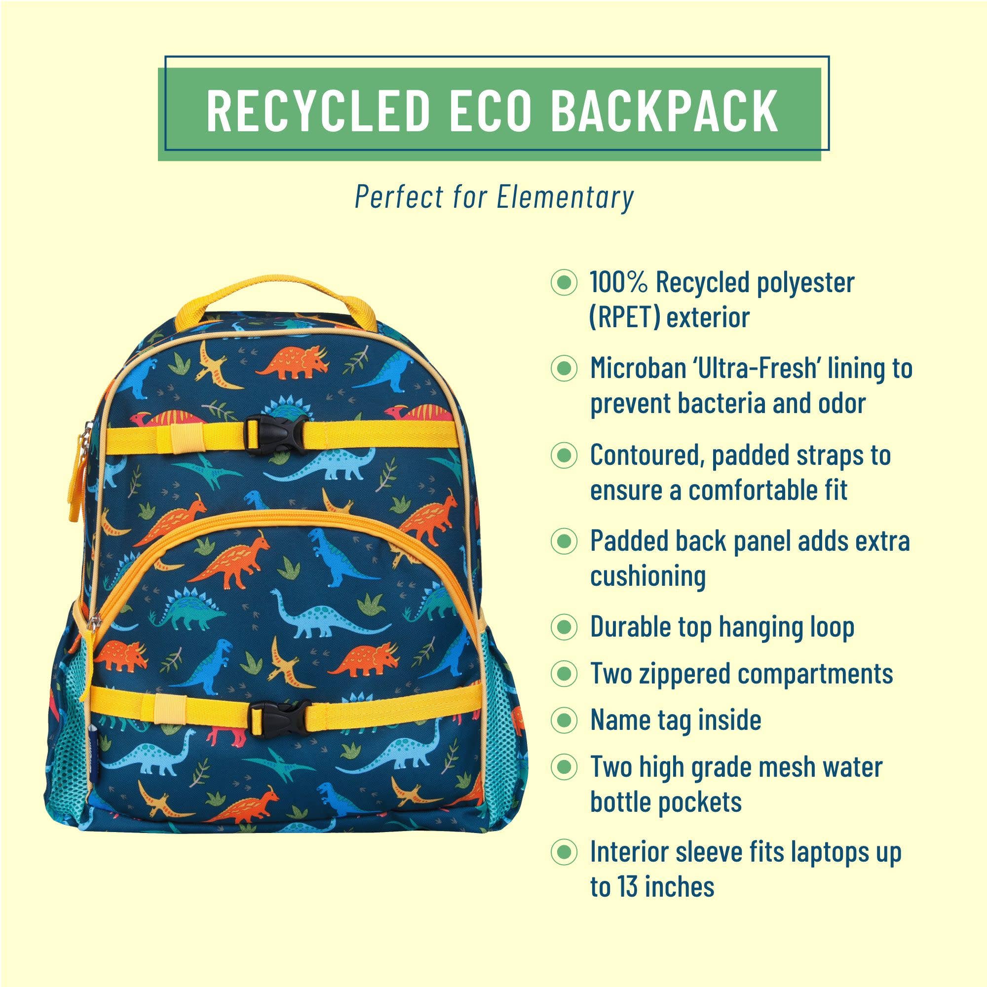 A blue dinosaur-print backpack with yellow straps and accents, shown on a pale yellow background with text highlighting recycled eco-friendly features and bullet points.