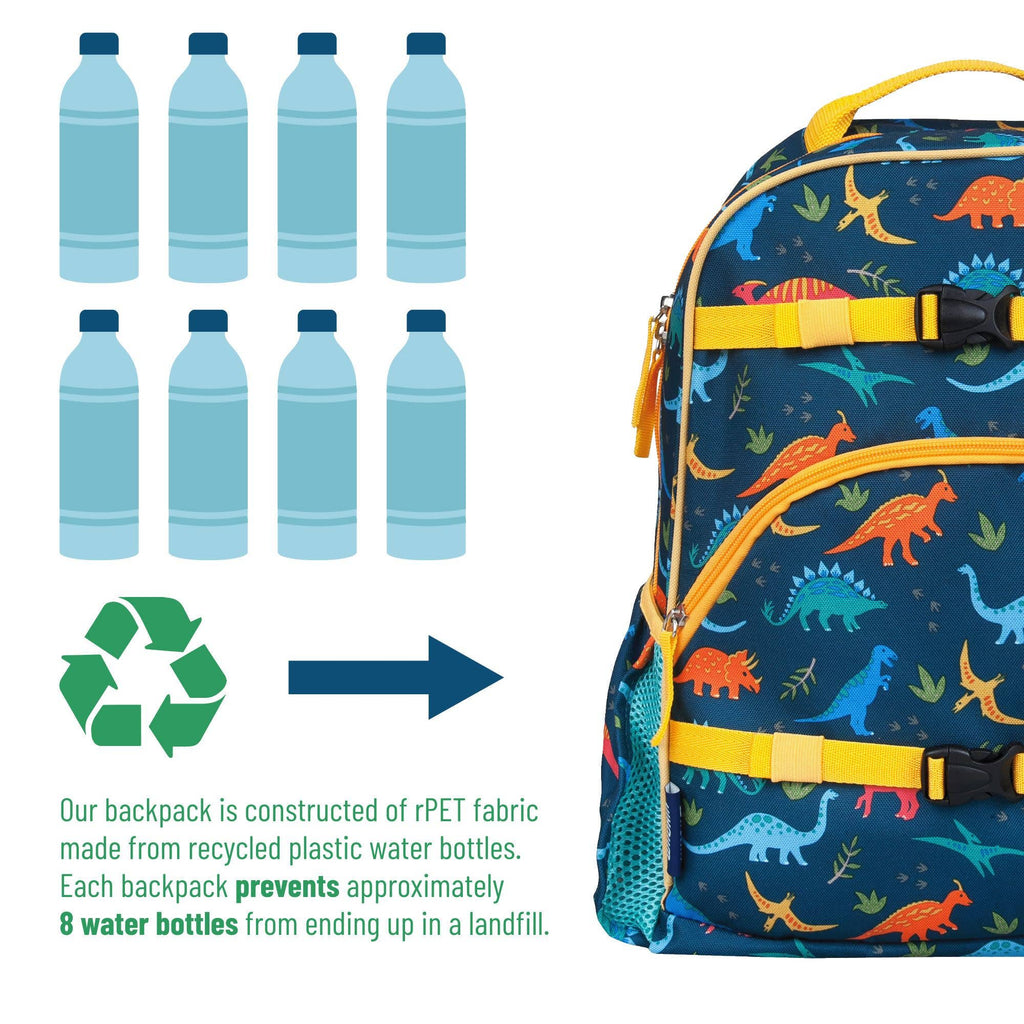A children's backpack made from recycled plastic water bottles, featuring a dark blue base with a colorful dinosaur print and bright yellow straps. The image includes graphic illustrations of water bottles, a recycling symbol, and text explaining that the backpack prevents approximately 8 water bottles from ending up in a landfill.