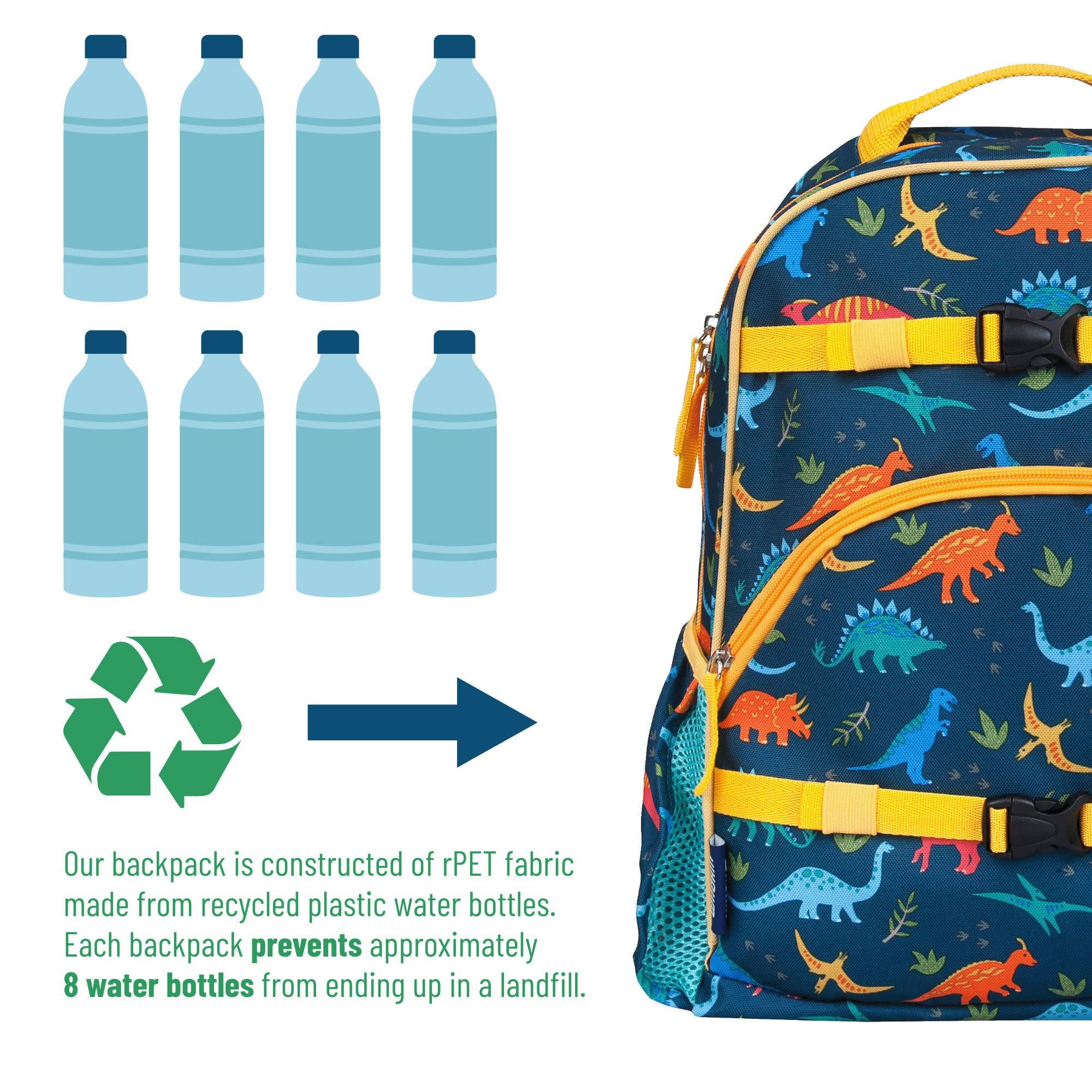 A children's backpack made from recycled plastic water bottles, featuring a dark blue base with a colorful dinosaur print and bright yellow straps. The image includes graphic illustrations of water bottles, a recycling symbol, and text explaining that the backpack prevents approximately 8 water bottles from ending up in a landfill.