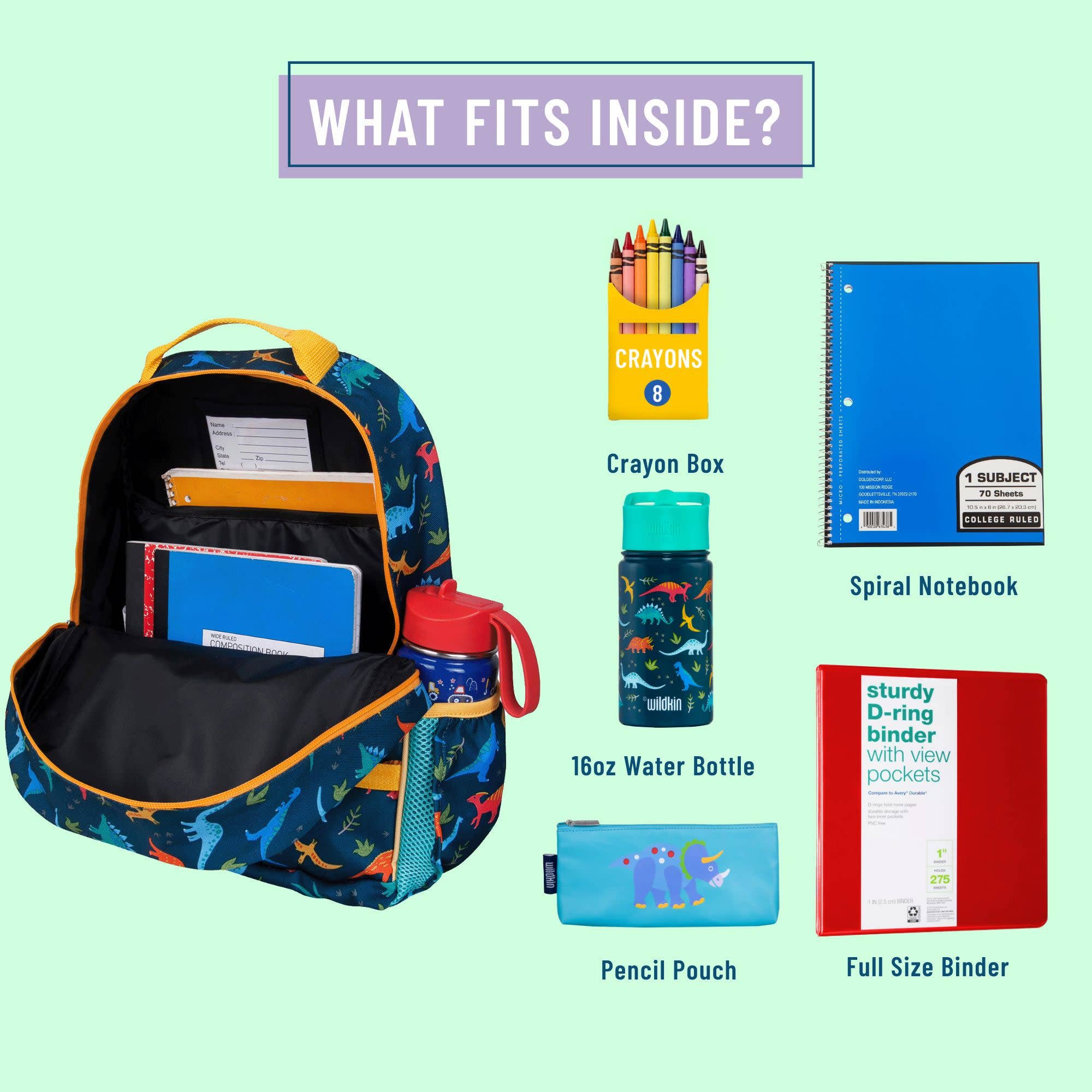 A school backpack set displayed on a pale mint background with the headline 'WHAT FITS INSIDE?'. The main product is a blue patterned backpack with orange trim, shown open with contents including a crayon box, spiral notebook, water bottle, pencil pouch, and binder.