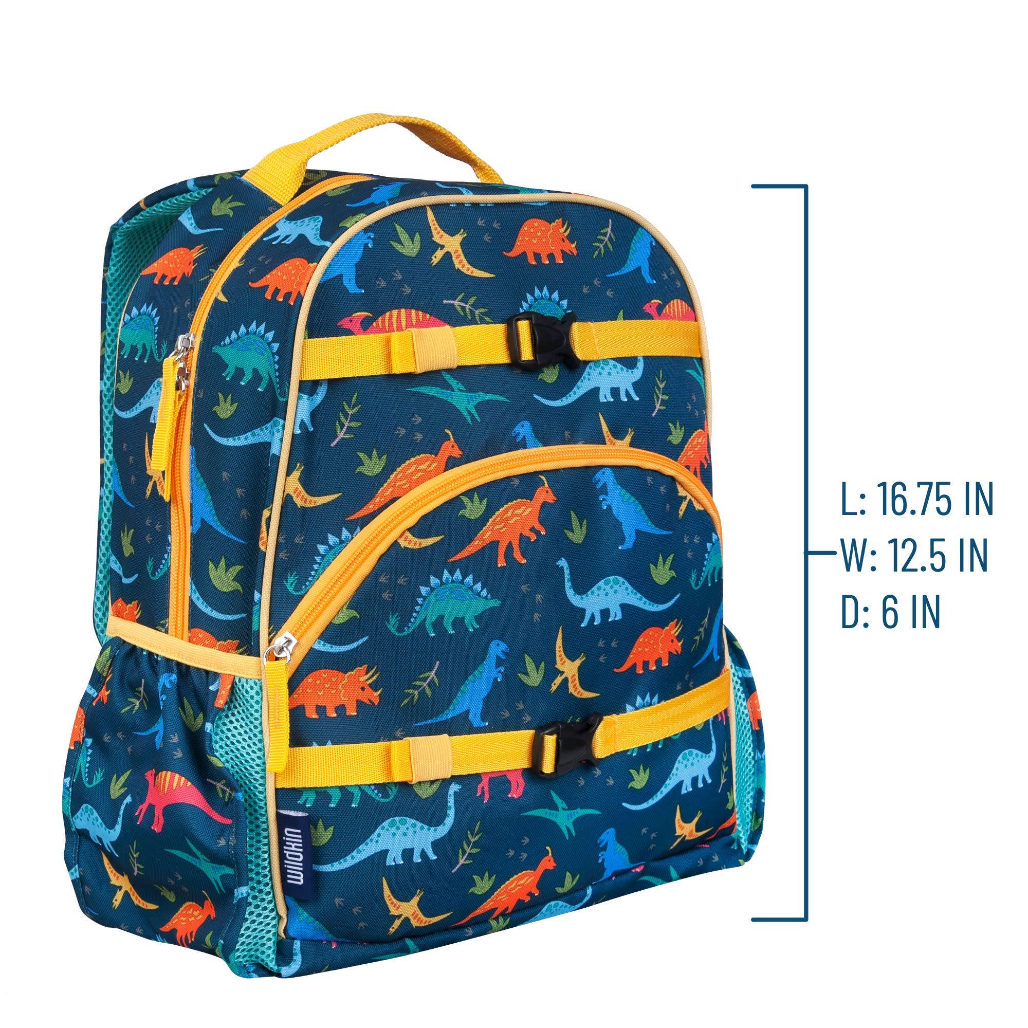 A children's backpack with a colorful dinosaur print on a dark blue background, featuring yellow straps and trim. The image includes a vertical measurement bracket with dimensions on the right side.