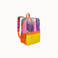 A colorful backpack with a holographic silver top panel, pink side panels, a bright yellow bottom section, and orange trim, shown on a plain light background.