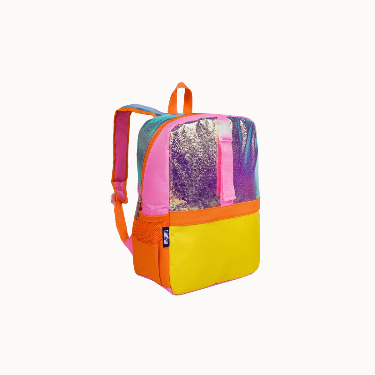 A colorful backpack with a holographic silver top panel, pink side panels, a bright yellow bottom section, and orange trim, shown on a plain light background.