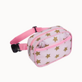 A pink waist bag with a gold star pattern, featuring a pink adjustable strap with a black plastic buckle and a zippered main compartment.