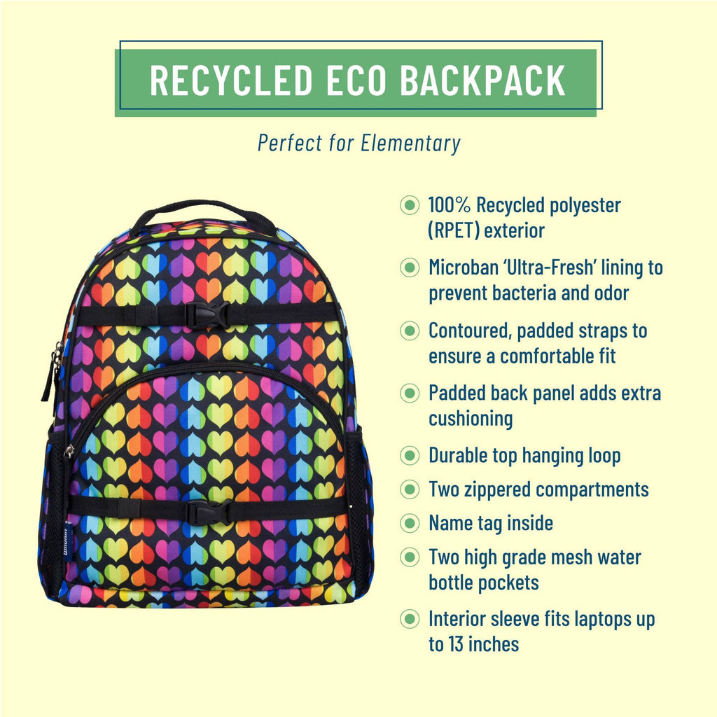 A colorful backpack with a rainbow heart pattern on a pale yellow background, next to a green and blue text block detailing its features as a recycled eco backpack.