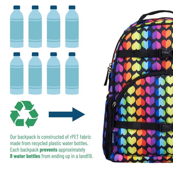 A colorful rPET backpack with a rainbow heart pattern on a black background, shown next to infographic graphics illustrating that it is made from recycled plastic water bottles and can prevent 8 water bottles from ending up in a landfill.