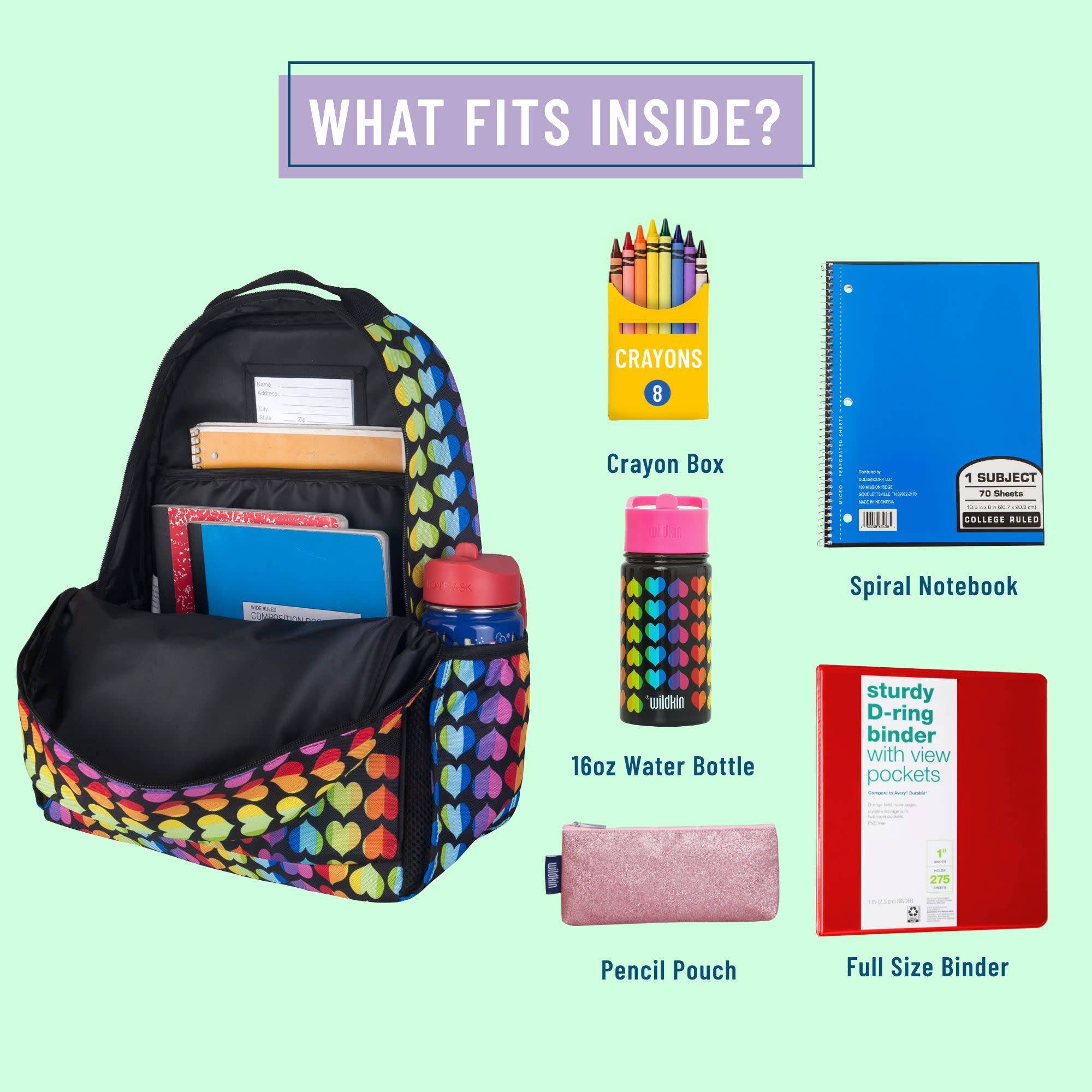 A backpack shown with labeled school-supplies items inside and around it on a pale mint background. The main product is a black backpack with a multicolor heart pattern along the edges and side pockets.