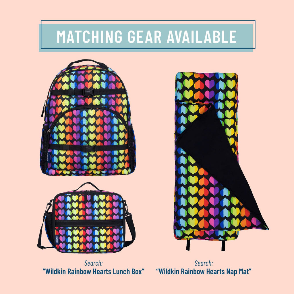 A matching gear set featuring a backpack, lunch box, and rolled nap mat, all printed with a colorful rainbow heart pattern on a light pink background. A banner at the top reads 'MATCHING GEAR AVAILABLE'.