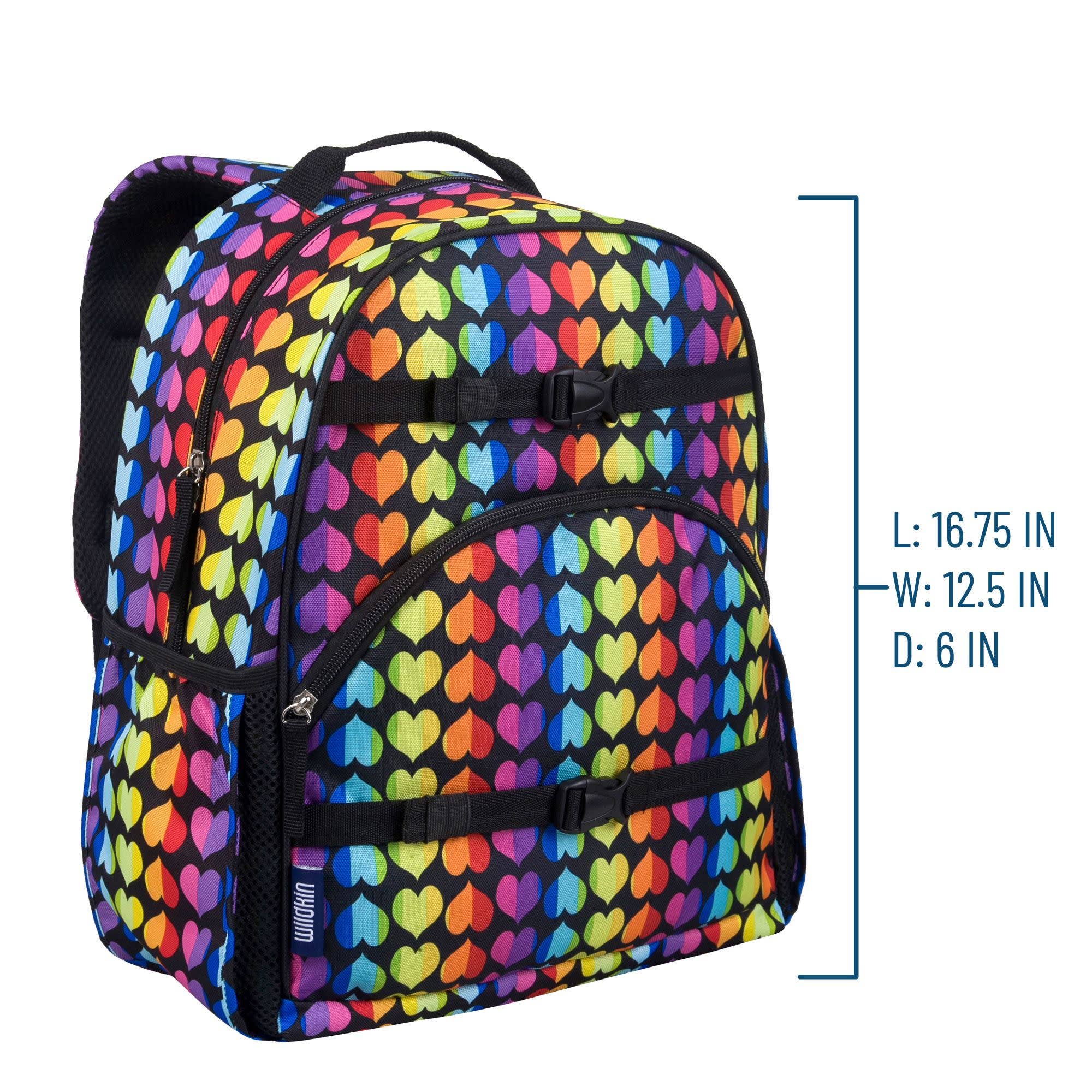 A backpack with a colorful rainbow heart pattern on a black background, shown with blue measurement lines and text indicating dimensions: L: 16.75 IN, W: 12.