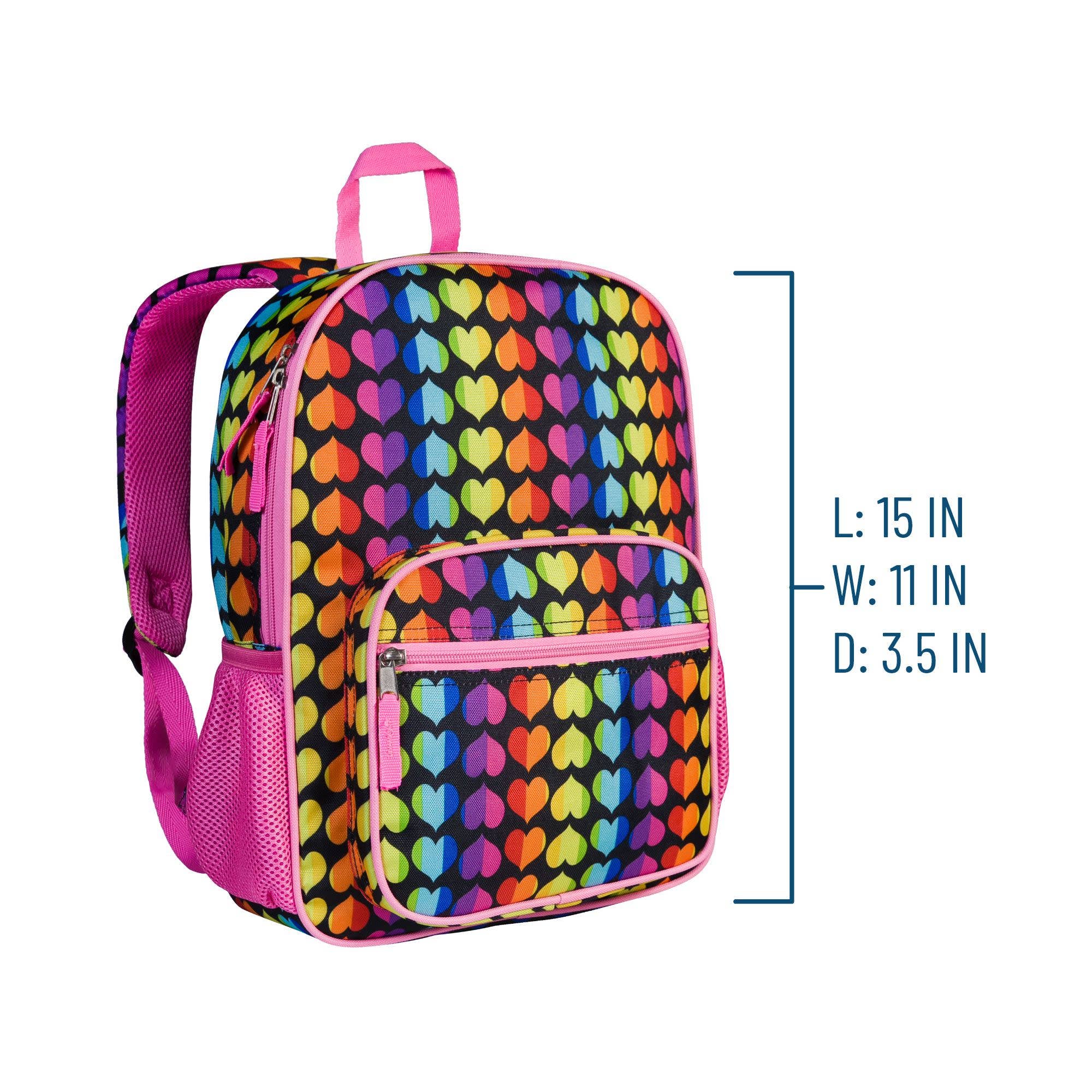 Backpack with colorful heart pattern and pink accents, with dimensions displayed.