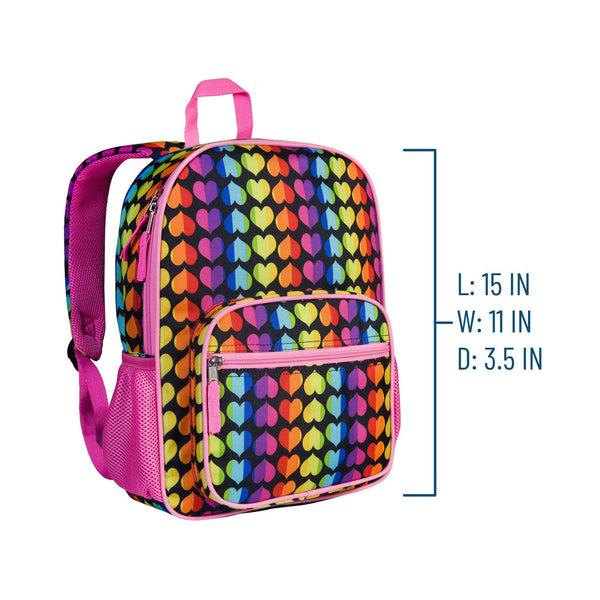 Backpack with colorful heart pattern and pink accents, with dimensions displayed.