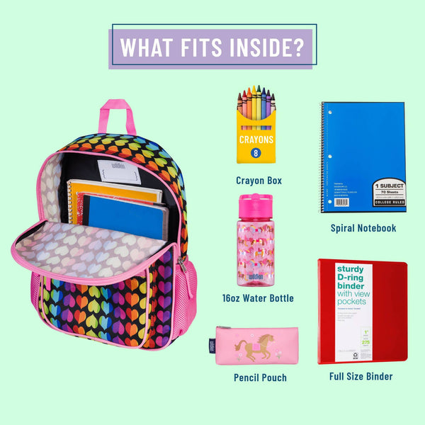 Backpack with school supplies including a crayon box, spiral notebook, water bottle, pencil pouch, and full size binder on a light green background.