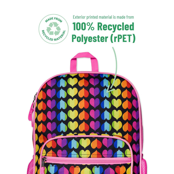 Backpack with colorful heart pattern and recycled material label on a white background