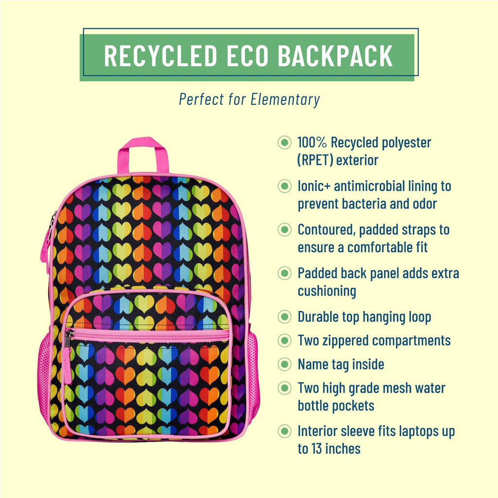 Recycled eco backpack with colorful heart pattern on a light yellow background