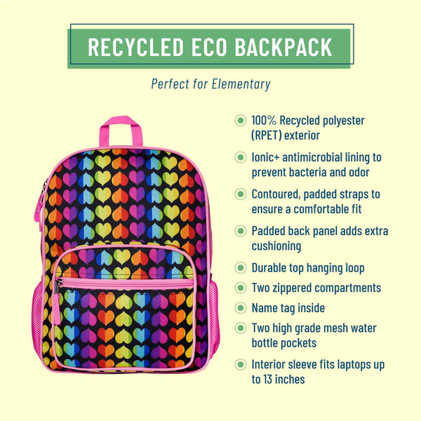 Recycled eco backpack with colorful heart pattern on a light yellow background