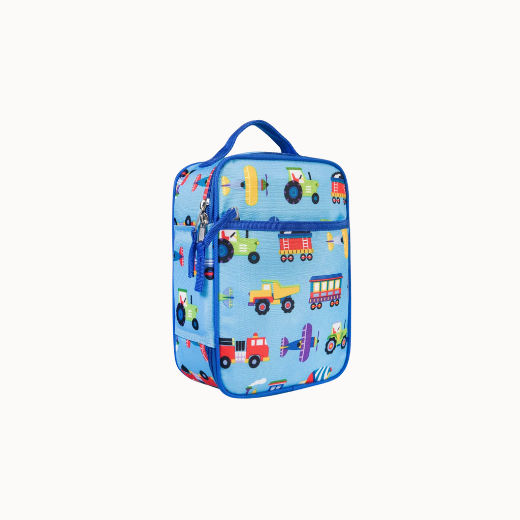A light blue lunch bag with a colorful cartoon truck and airplane print, featuring a top carry handle and a front zippered pocket, shown on a plain light background.