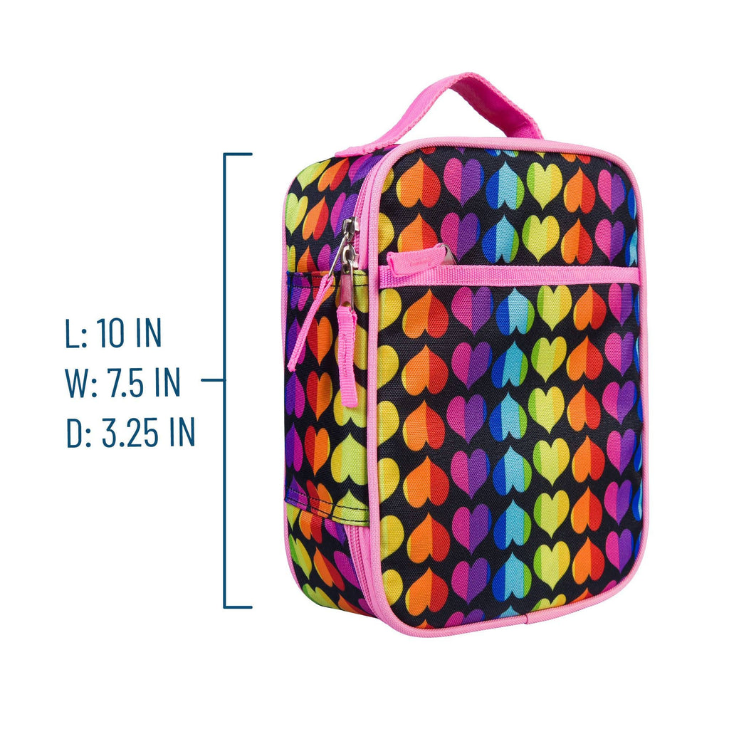 A rectangular lunch bag with a black background and a colorful rainbow heart pattern, featuring pink trim and handles. Blue text on the left lists the dimensions: L: 10 IN, W: 7.