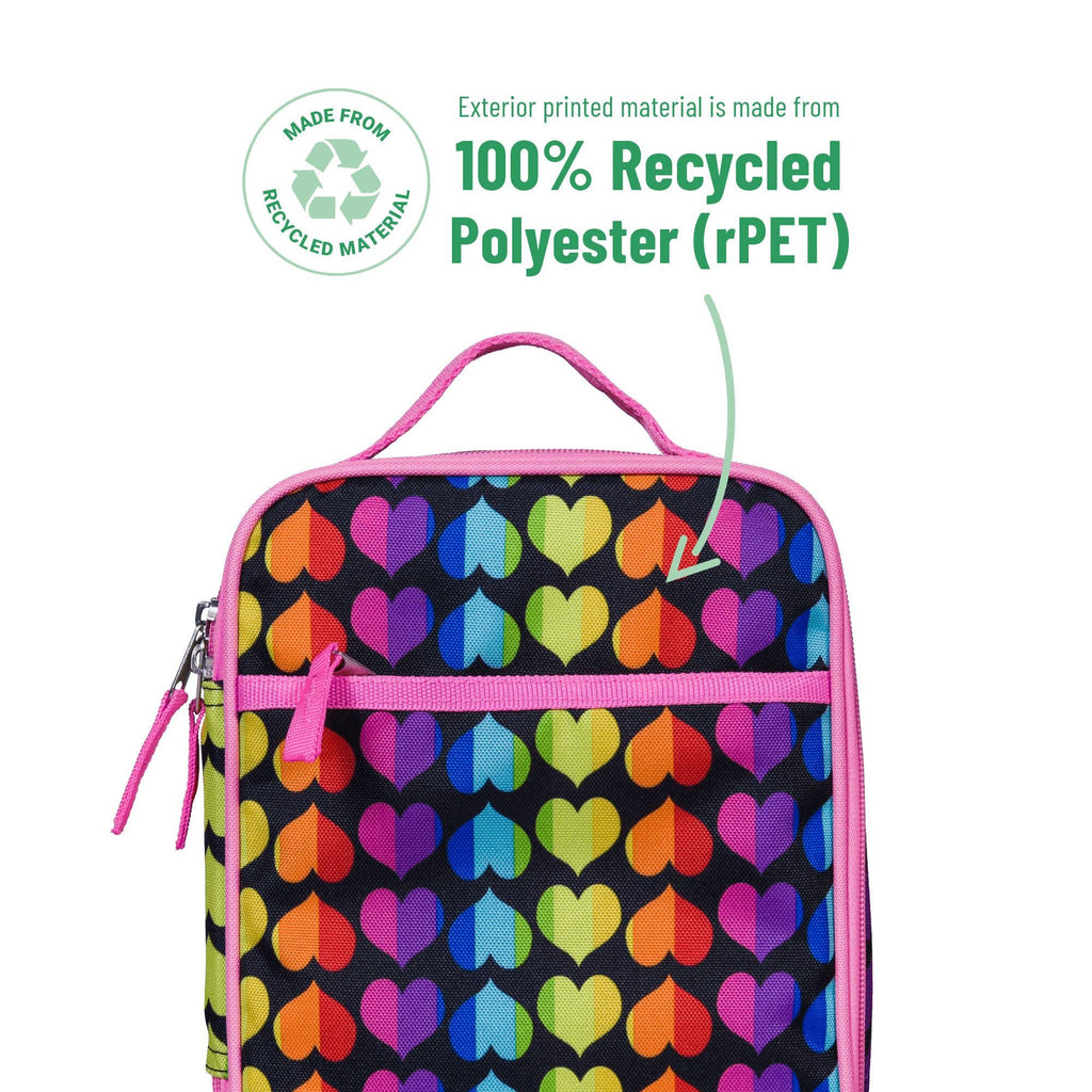 A rectangular lunch bag with a black background and a repeating multicolor heart pattern, outlined in bright pink. The image includes marketing text and a recycling icon noting that the exterior printed material is made from 100% recycled polyester (rPET).