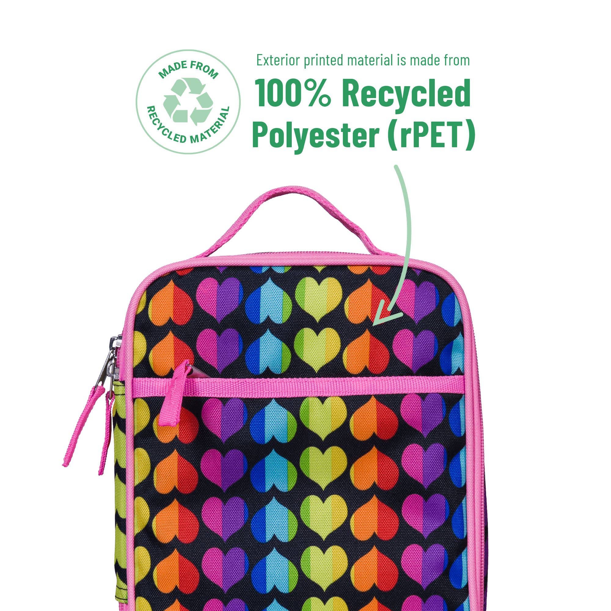 A rectangular lunch bag with a black background and a repeating multicolor heart pattern, outlined in bright pink. The image includes marketing text and a recycling icon noting that the exterior printed material is made from 100% recycled polyester (rPET).