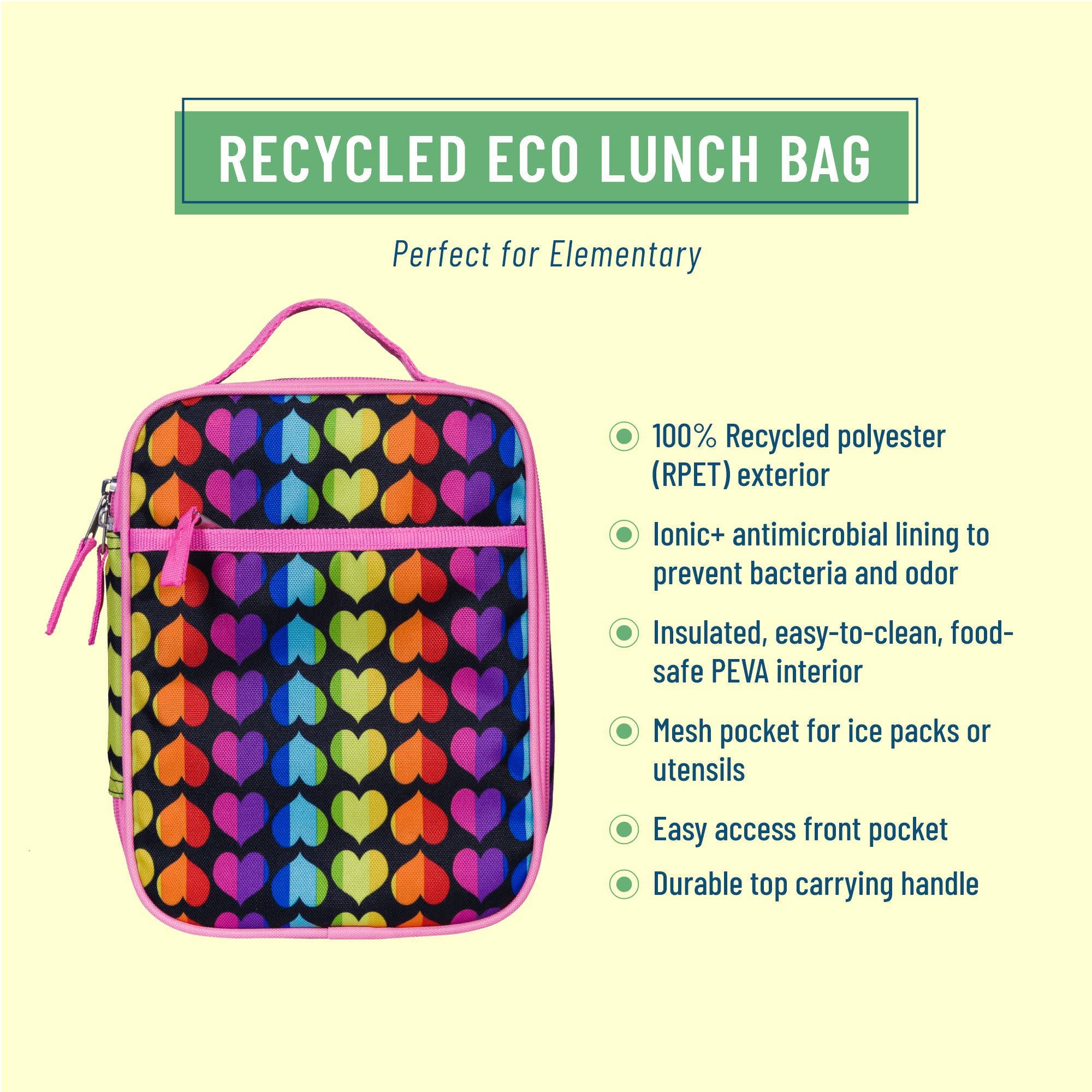 Recycled eco lunch bag with colorful heart pattern on a light yellow background