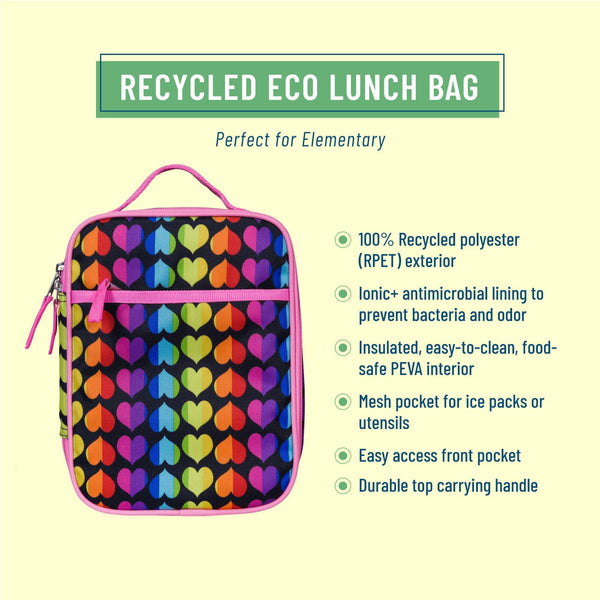 Recycled eco lunch bag with colorful heart pattern on a light yellow background