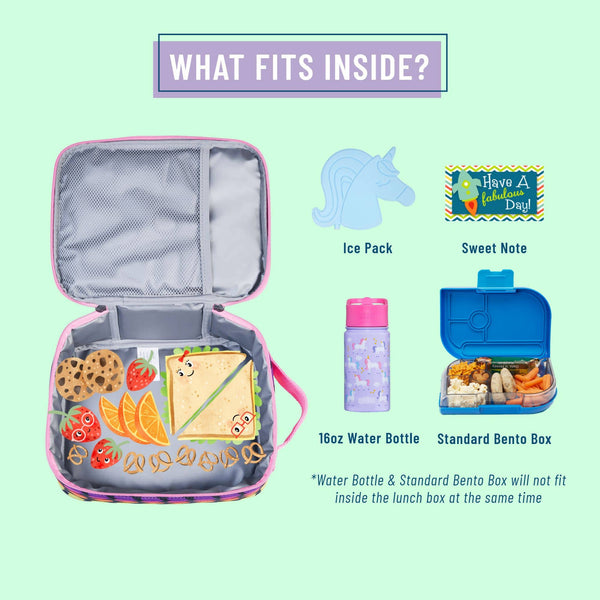 An open pink lunch bag on a pale mint background with the headline 'WHAT FITS INSIDE?'. The bag is shown filled with sample food items, plus labeled insets showing what can fit: an ice pack, a sweet note, a 16oz water bottle, and a standard bento box.