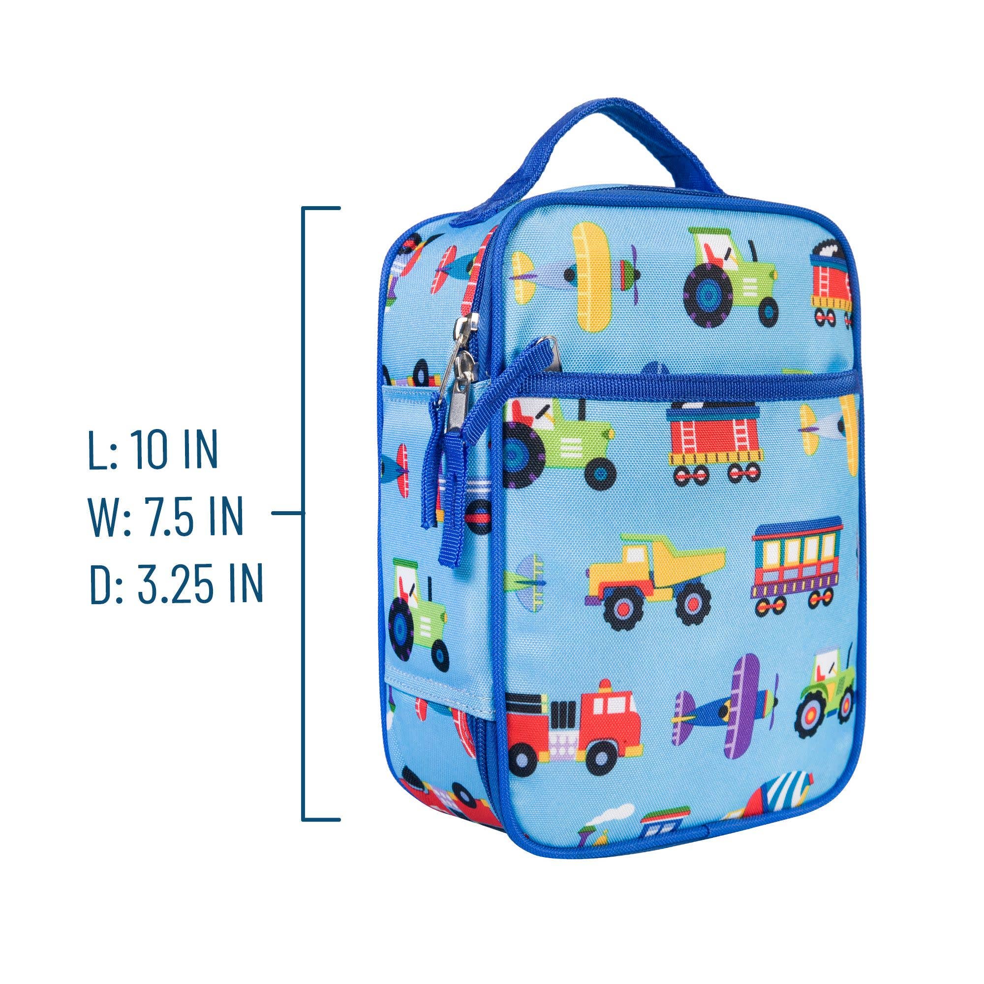 Rectangular blue lunch bag with vehicle patterns and measurements on a white background