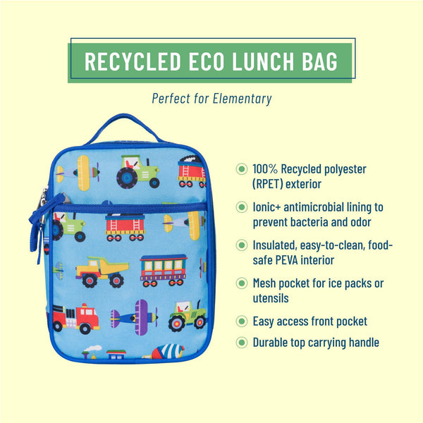 A blue recycled eco lunch bag with a colorful truck and vehicle print, shown on a pale yellow background with marketing text and feature callouts.