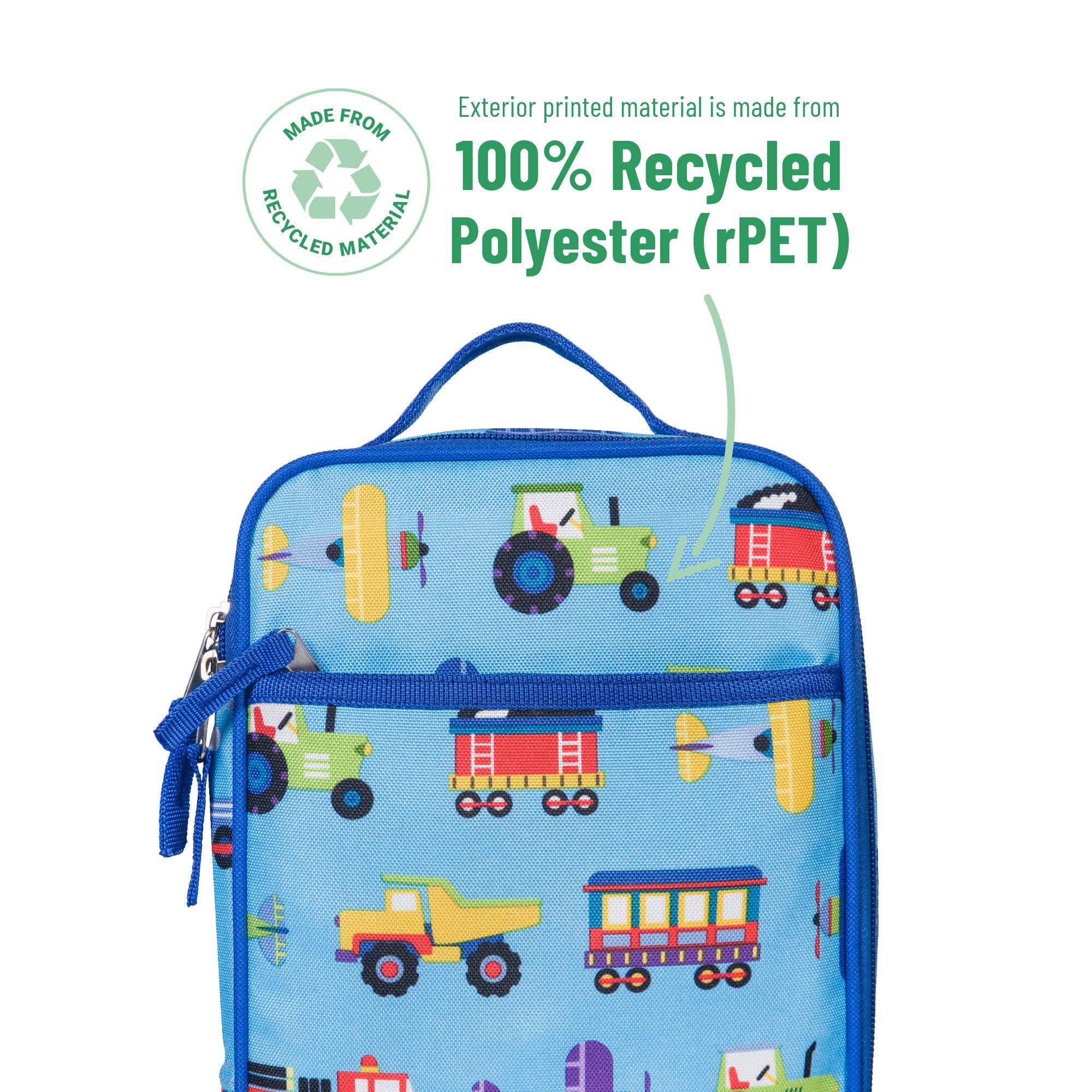 A light blue lunch bag with a colorful cartoon train and tractor pattern, featuring a top handle and front zip pocket. Green text at the top reads '100% Recycled Polyester (rPET)' with a 'Made from Recycled Material' badge.