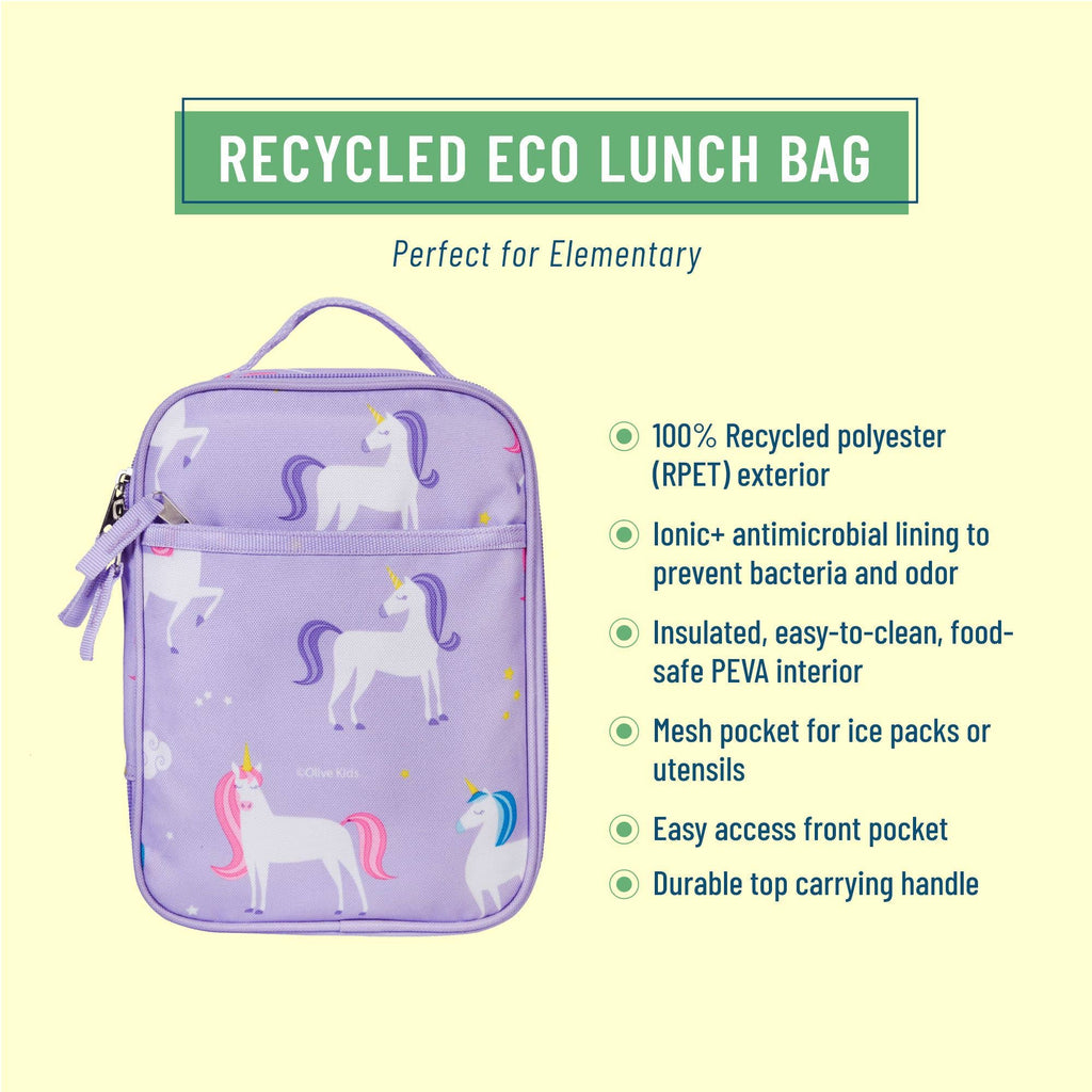 Purple lunch bag with unicorn design on a yellow background, featuring text about its features.