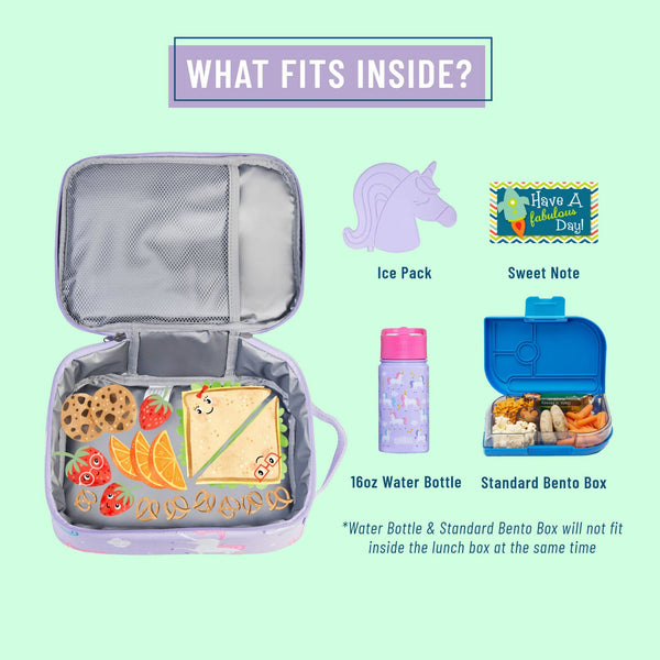 An infographic showing the contents of a lavender patterned lunch box, titled 'WHAT FITS INSIDE?'. The open lunch box contains a sandwich, cookies, fruit, and a unicorn-shaped ice pack.