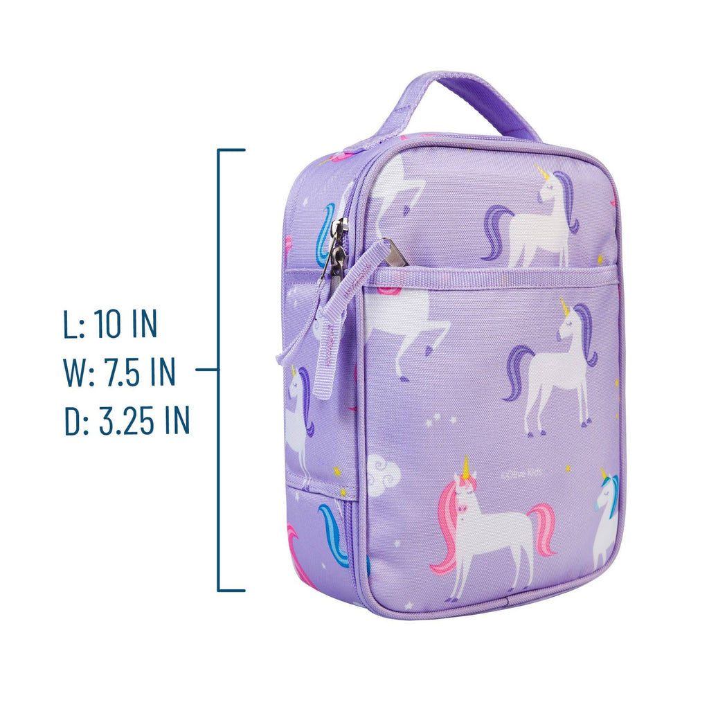 Purple lunch bag with unicorn pattern and measurements on a white background