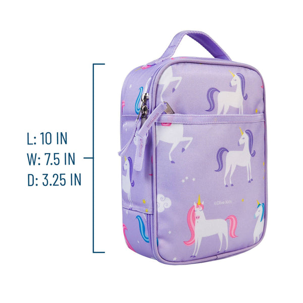 Purple lunch bag with unicorn pattern and measurements on a white background