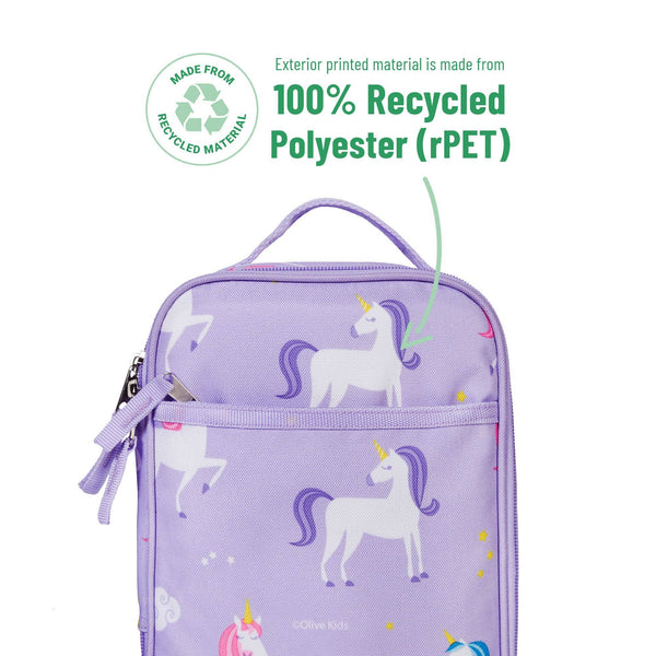 A light purple lunch bag with a white and purple unicorn pattern, featuring a top handle, front zip pocket, and a 'Made from 100% Recycled Polyester (rPET)' badge on a white background.